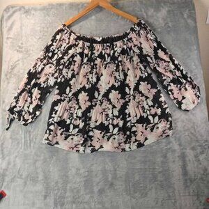Tribal Jeans Womens M‎ Black Pink Floral Off Shoulder Blouse Pleated Boho Sheer